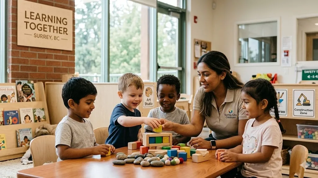 Teacher guiding young children as they play with colorful building blocks in a bright classroom at a Surrey daycare, supporting early learning and social development.