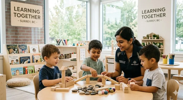 Teacher helping young children build with wooden blocks during a fun learning activity at AIM Smart Childcare Centre, encouraging creativity and teamwork in the classroom.