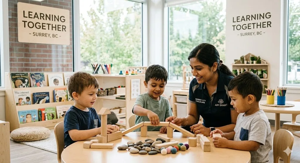 Teacher helping young children build with wooden blocks during a fun learning activity at AIM Smart Childcare Centre, encouraging creativity and teamwork in the classroom.