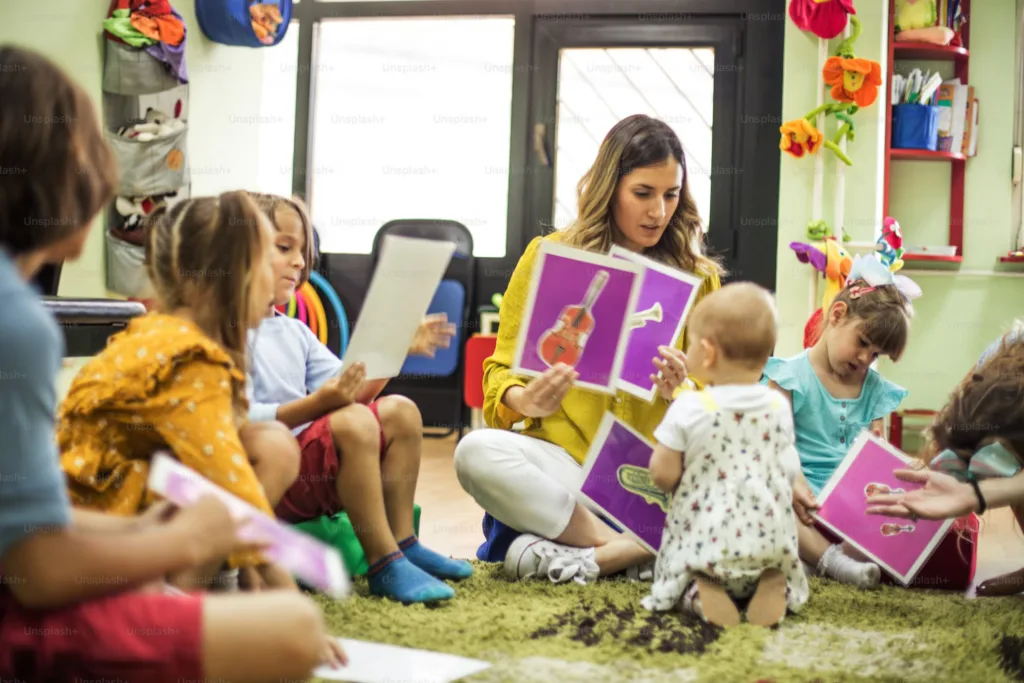 A diverse group of toddlers engaging with educational toys at Surrey City Childcare, showcasing the various high-quality childcare options available for local families.