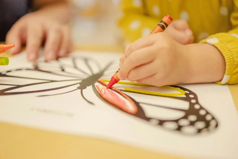 Child colouring a butterfly with crayons during a creative activity at a daycare Surrey BC, supporting fine motor skills and early artistic development.