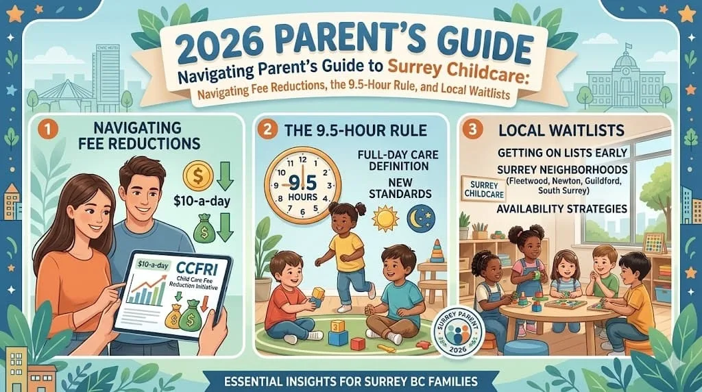 A professional and welcoming surrey childcare classroom featuring organized play stations and educational wall displays designed for early childhood development.