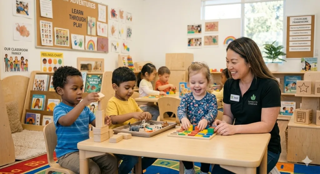 A smiling early childhood educator sitting at a low wooden classroom table, warmly encouraging a toddler who is arranging colorful magnetic counting shapes on a white board during a primary developmental play session.