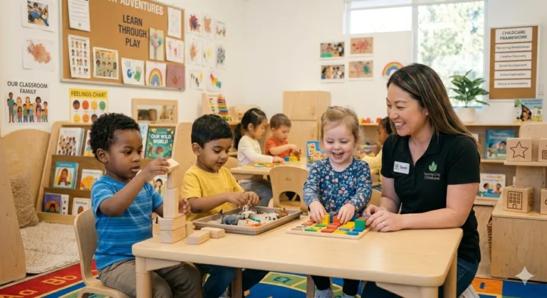 A smiling early childhood educator sitting at a low wooden classroom table, warmly encouraging a toddler who is arranging colorful magnetic counting shapes on a white board during a primary developmental play session.