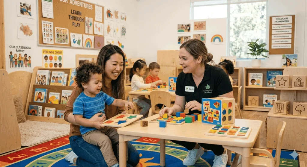 A bright, organized early childhood classroom where a qualified ECE teacher sits on a vibrant letter rug, helping three toddlers interact with wooden block puzzles and sensory materials inside a licensed daycare surrey bc facility.