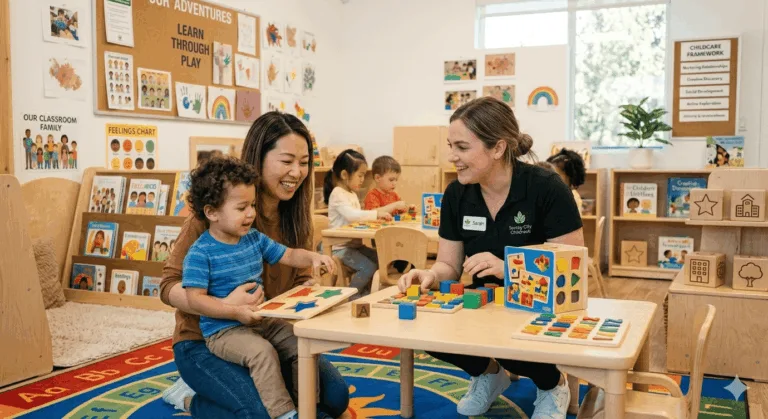 A bright, organized early childhood classroom where a qualified ECE teacher sits on a vibrant letter rug, helping three toddlers interact with wooden block puzzles and sensory materials inside a licensed daycare surrey bc facility.