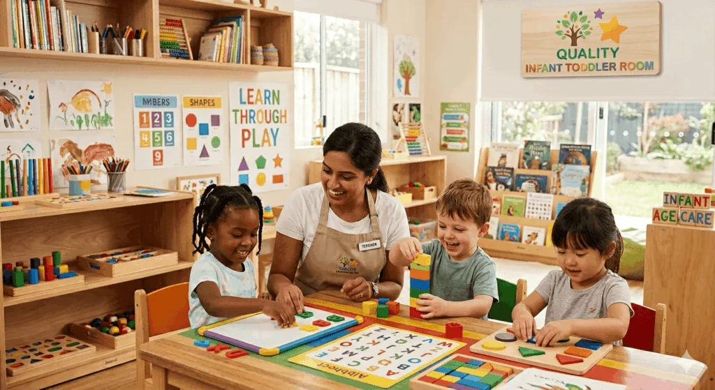 A bright and engaging early education classroom where a smiling teacher kneels at a table, guiding an African American toddler who is arranging colourful magnetic letters, alongside another toddler focused on stacking blocks and a toddler matching geometric shapes on a wooden puzzle, illustrating a specialized infant toddler development environment.
