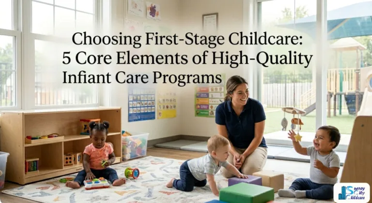 Infants engaging in sensory play and caregiver interaction at a nurturing childcare centre offering infant care programs in Surrey, BC.