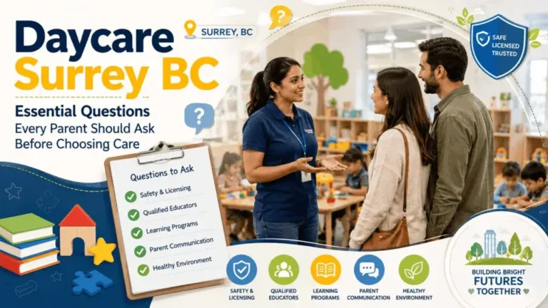 A prospective parent interviewing a smiling early childhood educator during a campus tour inside a bright, well-organized daycare surrey bc classroom.
