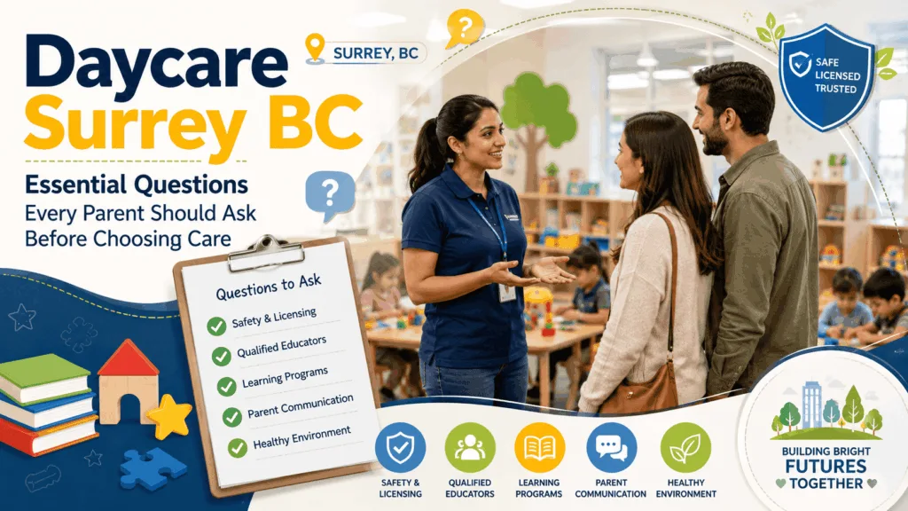 A prospective parent interviewing a smiling early childhood educator during a campus tour inside a bright, well-organized daycare surrey bc classroom.