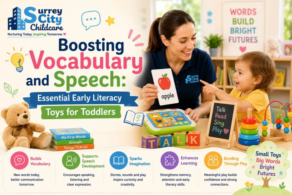 A young toddler engaged with wooden early literacy toys for toddlers on a table in a bright classroom setting at a Surrey early childhood center.