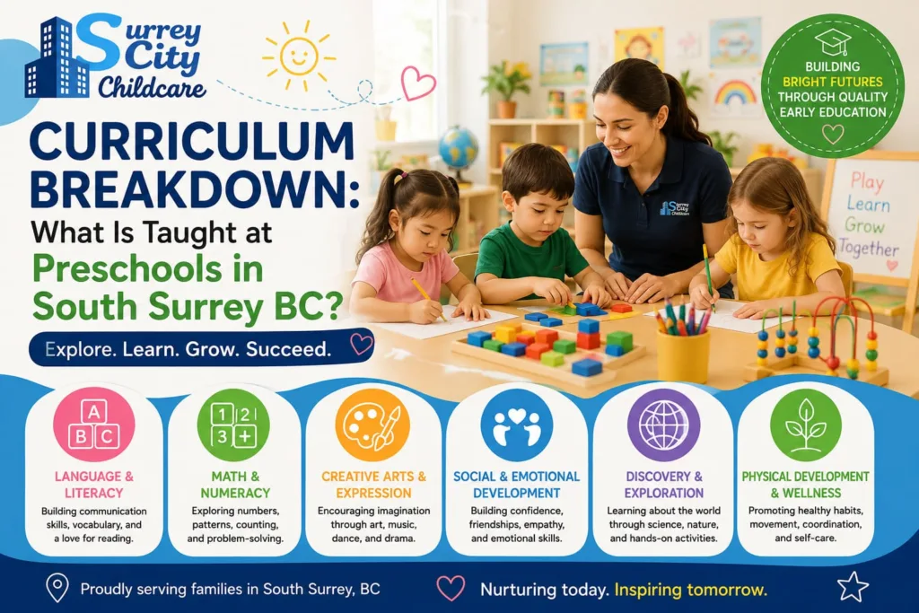 A group of happy young children engaged in a play-based learning activity inside a classroom at one of the premier preschools in South Surrey BC