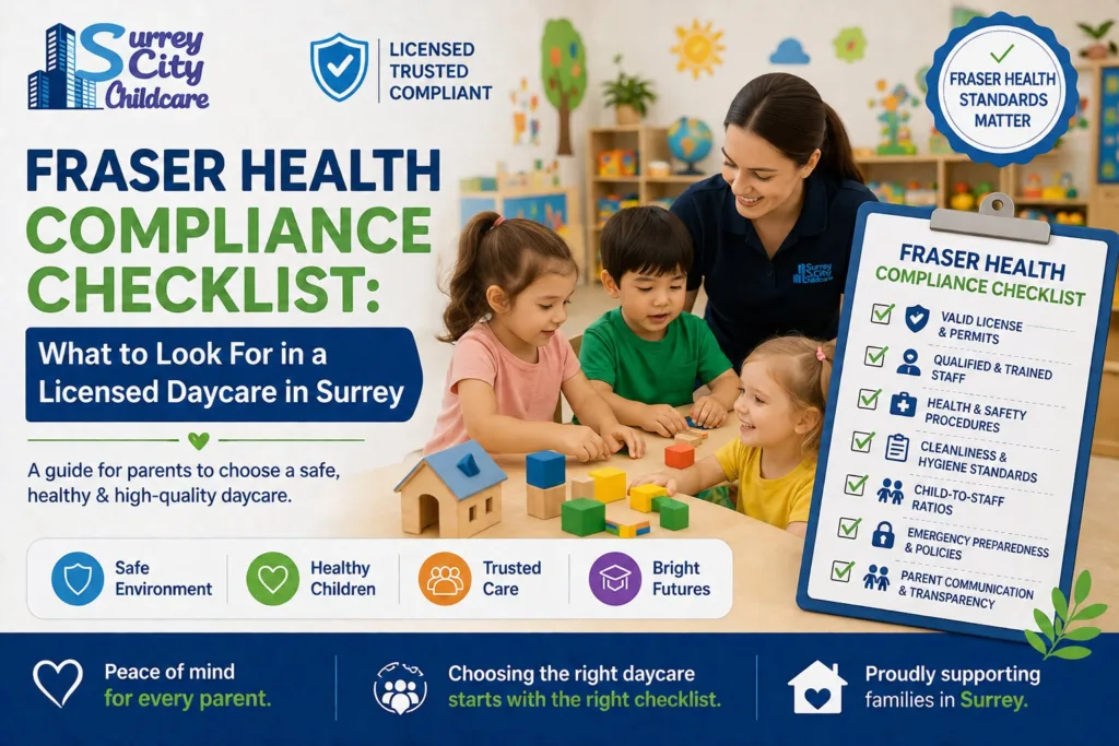 A bright, sanitized, and fully compliant classroom inside a licensed daycare in surrey, showing well-spaced child-sized tables and organized play areas.