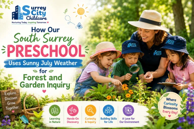 A group of smiling toddlers actively exploring a flourishing garden during a sunny summer day at our South Surrey preschool.