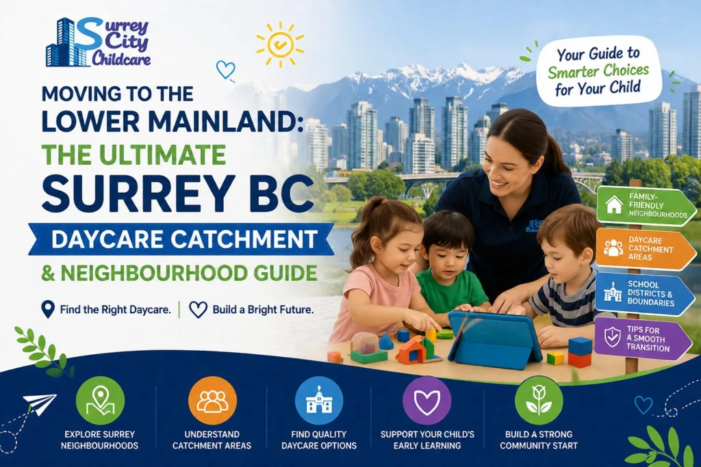 A bright, beautifully organized early childhood classroom inside a fully licensed surrey bc daycare center, featuring natural wood toys, play areas, and child-sized learning tables.