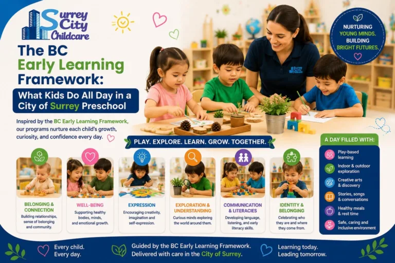 Happy toddlers collaborating with loose wooden building blocks inside a licensed city of surrey preschool designed around the BC Early Learning Framework.