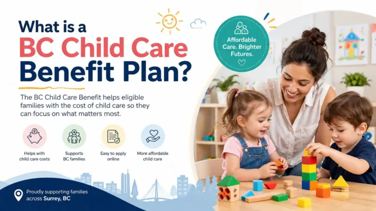 A group of young children playing safely with educational toys inside a bright, modern classroom approved for the BC Child Care Benefit Plan.