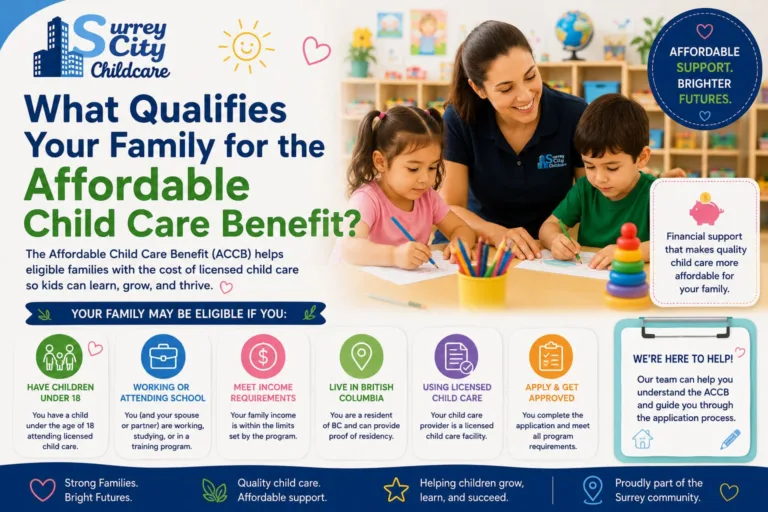 A parent and young child reviewing application forms together for the affordable childcare benefit inside a bright early learning classroom setting.