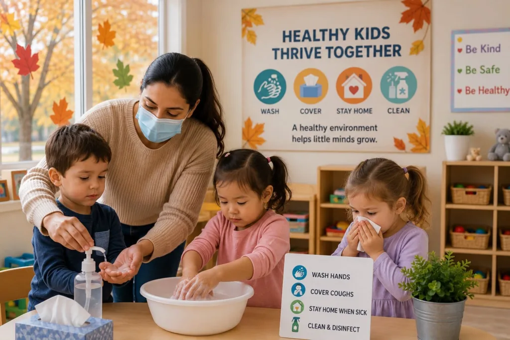 An educator teaching toddlers proper handwashing hygiene techniques inside a clean classroom at a licensed childcare in Surrey BC.