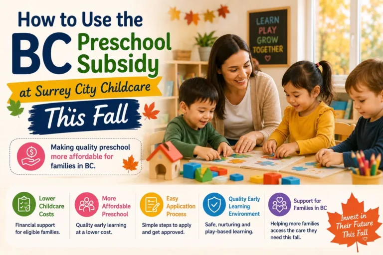 A happy child exploring educational learning toys while a teacher assists parents with the bc preschool subsidy application at a licensed center in Surrey.
