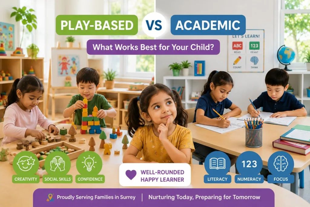 Children collaborating on wooden building blocks and sensory activities inside a bright, play-based preschool surrey classroom.