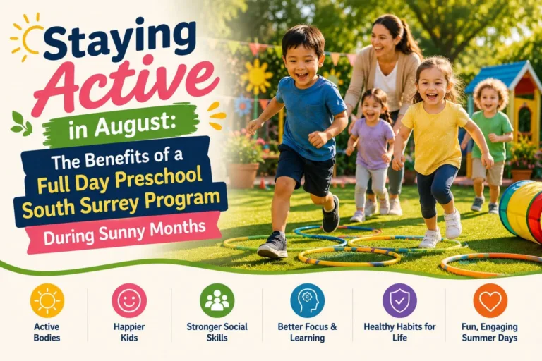 Young children happily engaged in outdoor play and learning during summer at a full day preschool south surrey center.