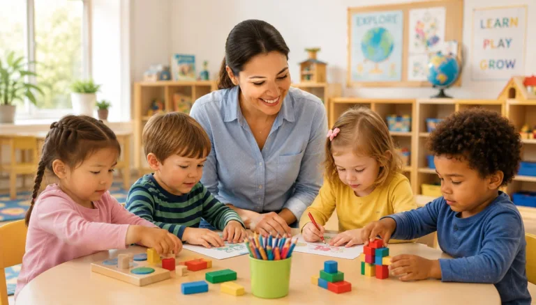 A happy toddler building with wooden blocks inside a warm and welcoming creche classroom in Surrey BC.