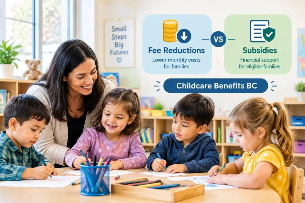 Happy young children playing with building blocks in a licensed classroom supported by childcare benefits bc programs.
