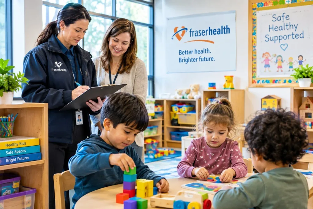 Certified early childhood educator supervising clean indoor activity at an accredited licensed child care surrey bc facility.