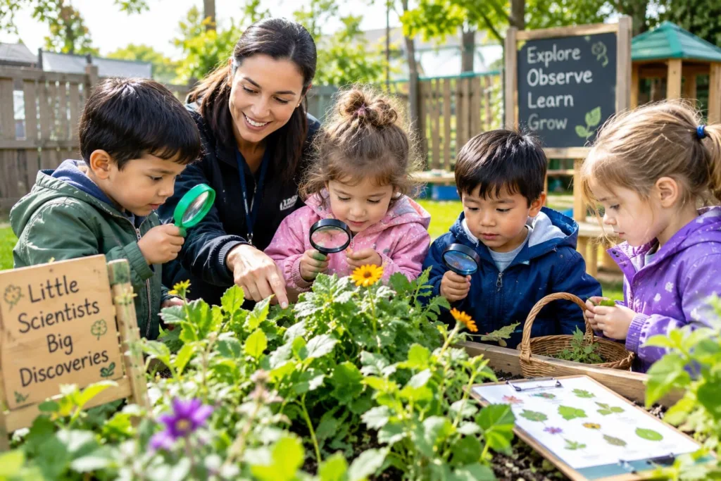 Toddlers examining small green garden sprouts during an outdoor science activity at an accredited center daycare in Surrey.