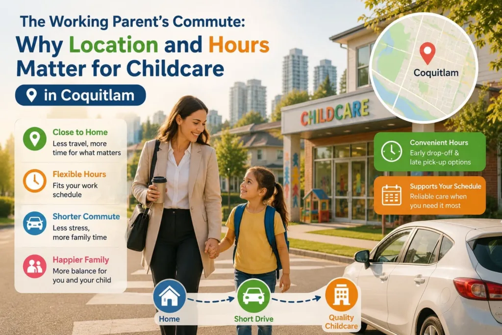 Happy parent dropping off toddler for high quality licensed childcare coquitlam program during morning commute.