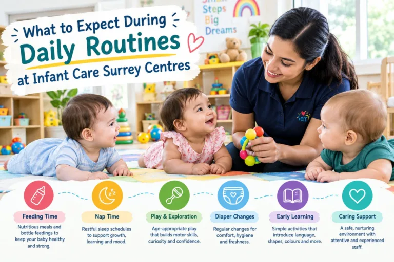 Certified early childhood educator comforting a baby during daily play at an accredited infant care surrey centre.