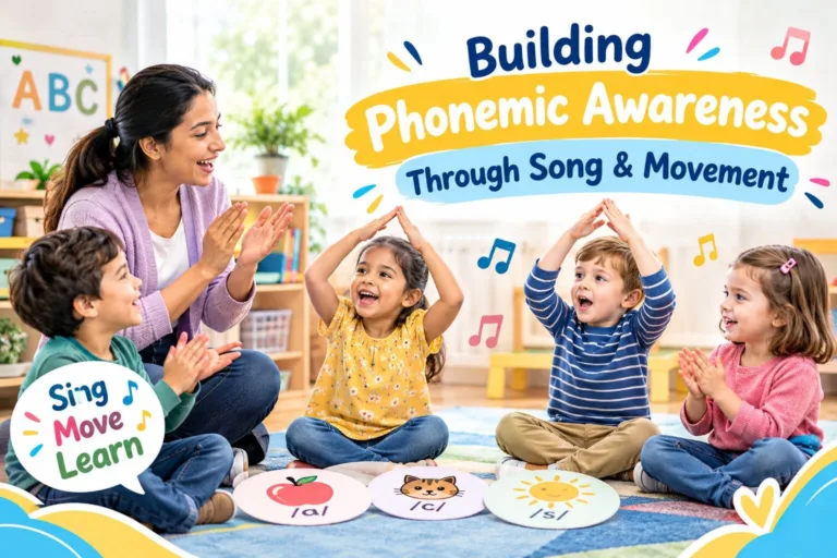 Preschool children developing phonemic awareness in preschoolers by clapping rhythmically to nursery songs during a music circle.
