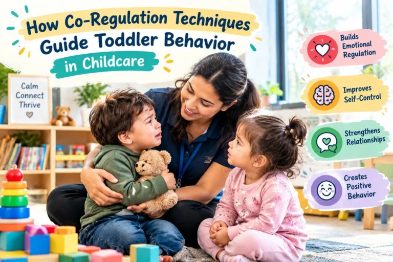 Caring educator practicing co-regulation to guide toddler behavior in childcare during a calm sensory learning activity.