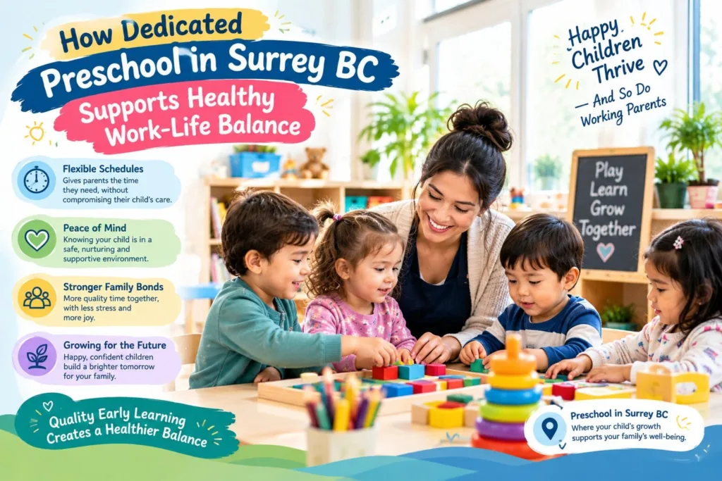 Happy young child building colorful blocks with a supportive educator in a bright classroom at a licensed preschool in Surrey BC.