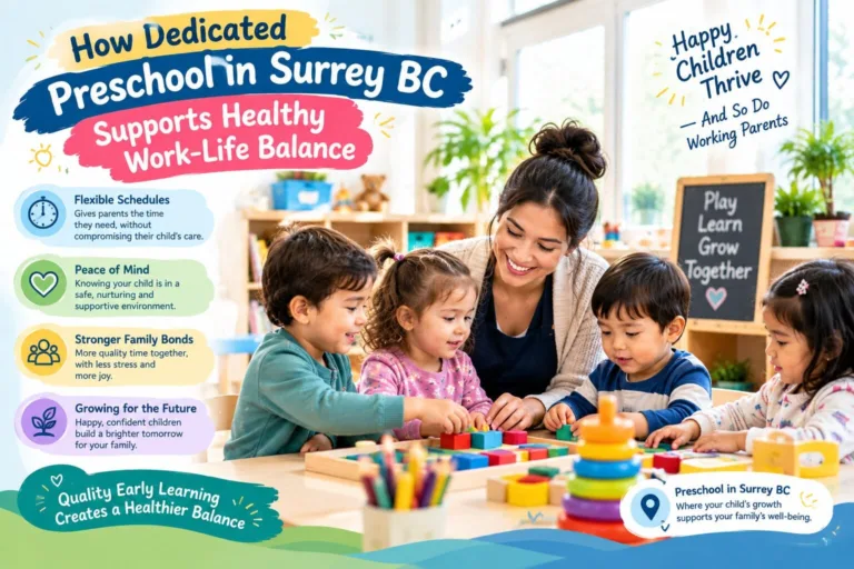 Happy young child building colorful blocks with a supportive educator in a bright classroom at a licensed preschool in Surrey BC.