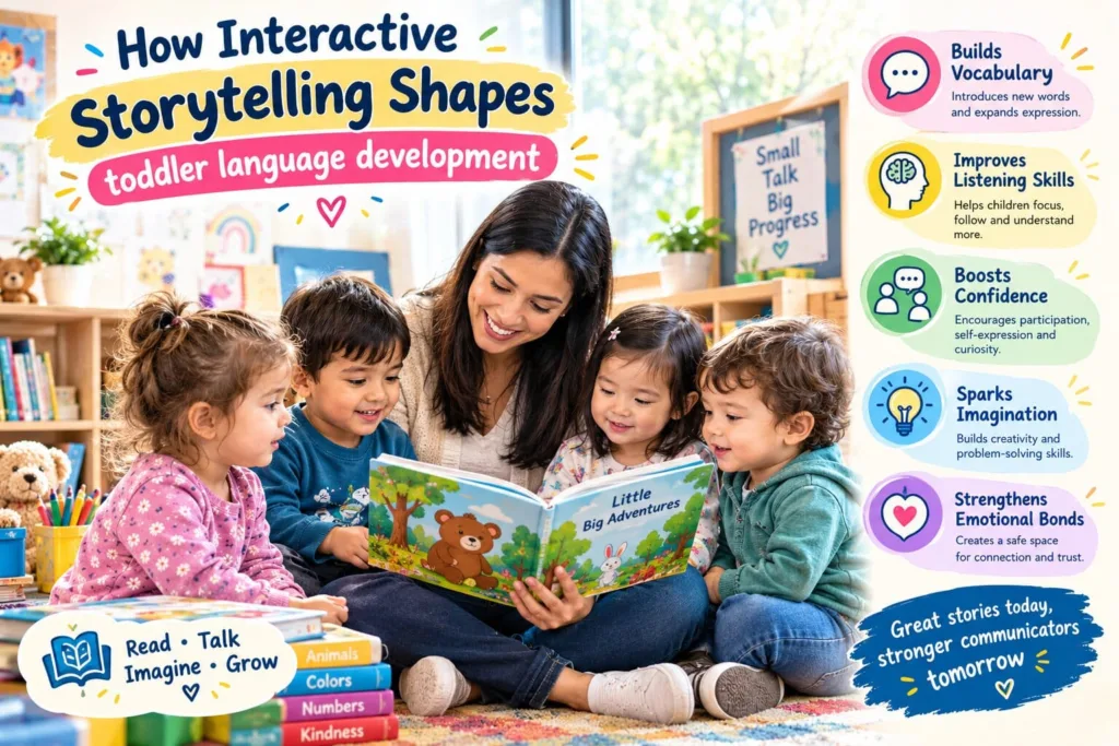 Caring educator reading an open picture book during an interactive story circle to support toddler language development in a Surrey classroom.