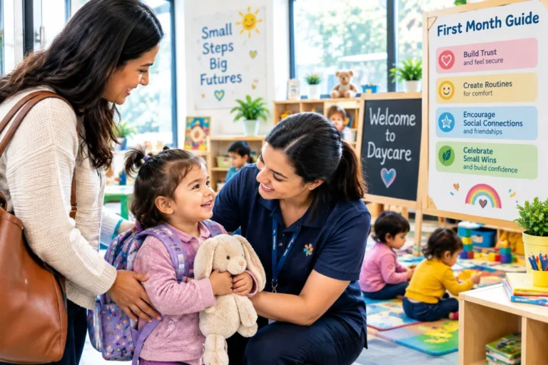 Caring educator kneeling to gently welcome and help your toddler adjust to daycare during a positive morning drop-off.