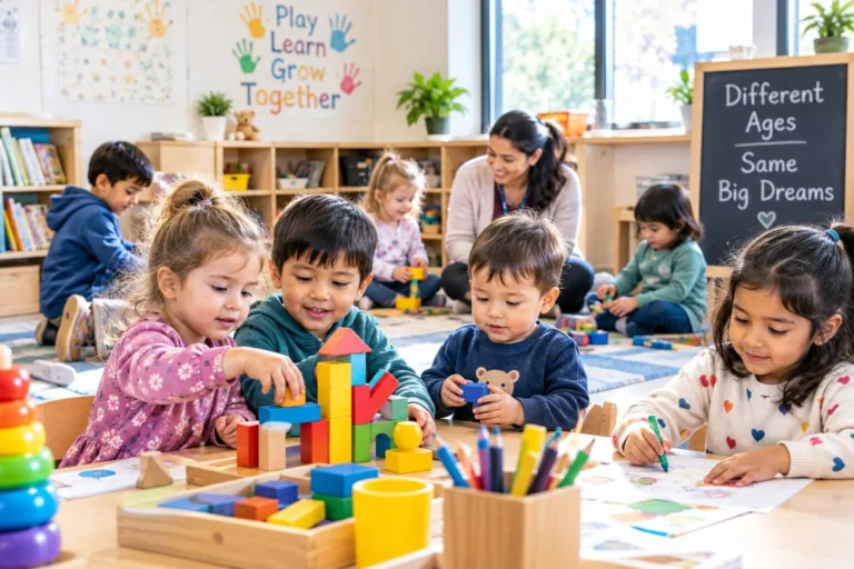 Children of different ages collaborating on a wooden block project inside a nurturing multi-age daycare classroom in Surrey BC.